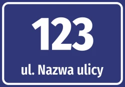 Naklejka adresowa z ulicą i numerem domu - Wzór graficzny. Prostokątna naklejka z białym tekstem na niebieskim tle