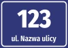 Naklejka adresowa z ulicą i numerem domu - Wzór graficzny. Prostokątna naklejka z białym tekstem na niebieskim tle