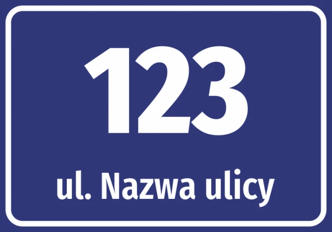 Naklejka adresowa z ulicą i numerem domu - Wzór graficzny. Prostokątna naklejka z białym tekstem na niebieskim tle
