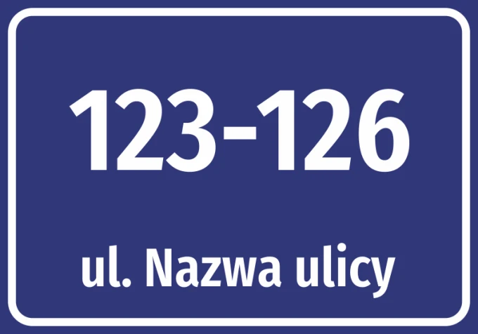 Naklejka adresowa z ulicą i numerem domu - Wzór graficzny. Prosty prostokąt w granatowym tle z białym tekstem