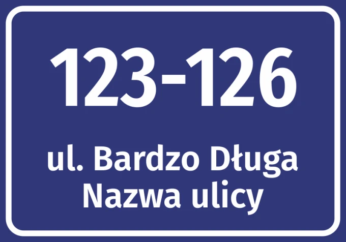 Naklejka adresowa z ulicą i numerem domu - Wzór graficzny. Prosty, prostokątny kształt z białym tekstem na niebieskim tle