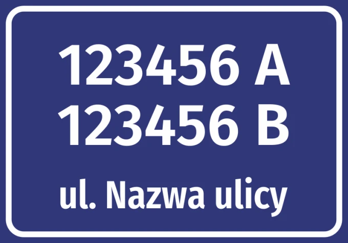 Naklejka adresowa z ulicą i numerem domu - Wzór graficzny. Prostokątna naklejka z białym tekstem na niebieskim tle