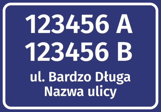 Naklejka adresowa z ulicą i numerem domu - Wzór graficzny. Prostokątna naklejka z białym tekstem na niebieskim tle