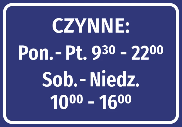 Naklejka Czynne - z godzinami otwarcia - Wzór graficzny. Prosty prostokąt w granatowym tle z białym tekstem