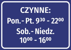 Naklejka Czynne - z godzinami otwarcia - Wzór graficzny. Prosty prostokąt w granatowym tle z białym tekstem