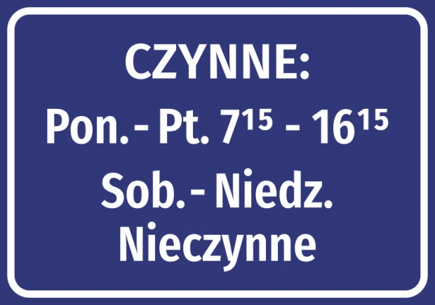 Naklejka Czynne - z godzinami otwarcia - Wzór graficzny. Prosty prostokąt w granatowym tle z białym tekstem