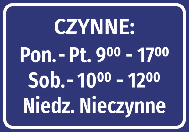 Naklejka Czynne - z godzinami otwarcia - Wzór graficzny. Biały tekst na ciemnoniebieskim tle, prostokątna forma