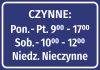 Naklejka Czynne - z godzinami otwarcia - Wzór graficzny. Biały tekst na ciemnoniebieskim tle, prostokątna forma