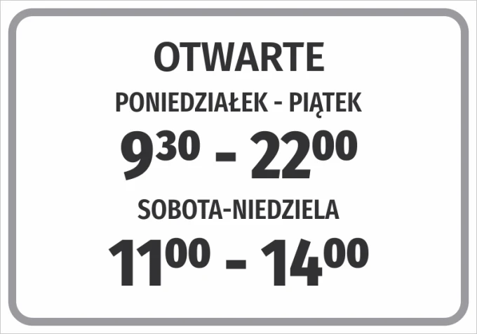 Naklejka Otwarte wraz z godzinami pracy - Wzór graficzny. Prosty prostokąt z dużymi literami i wyraźnymi cyframi