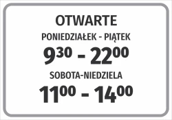 Naklejka Otwarte wraz z godzinami pracy - Wzór graficzny. Prosty prostokąt z dużymi literami i wyraźnymi cyframi