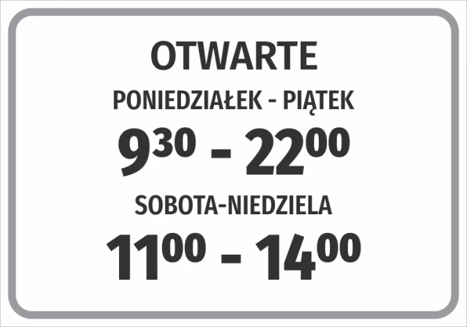 Naklejka Otwarte wraz z godzinami pracy - Wzór graficzny. Prosty prostokąt z dużymi literami i wyraźnymi cyframi