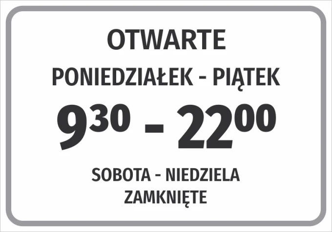 Naklejka Otwarte wraz z godzinami pracy - Wzór graficzny. Prosty prostokąt z dużym napisem i godzinami