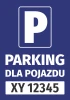 Naklejka Parking dla pojazdu, z polem na nr rejestracyjny - Wzór graficzny. Na niebieskim tle biała litera P oraz napis