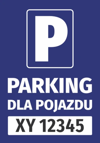 Naklejka Parking dla pojazdu, z polem na nr rejestracyjny - Wzór graficzny. Na niebieskim tle biała litera P oraz napis
