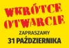Naklejka Wkrótce otwarcie - zapraszamy, wraz z datą - Wzór graficzny. Czerwony tekst na żółtym tle, duże litery, wyraźna