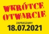 Naklejka Wkrótce otwarcie - zapraszamy, wraz z datą - Wzór graficzny. Żółte tło z czerwonymi literami i czarną datą