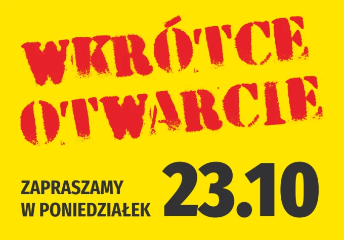 Naklejka Wkrótce otwarcie - zapraszamy, wraz z datą - Wzór graficzny. Żółte tło, czerwony napis oraz czarny tekst z datą