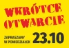 Naklejka Wkrótce otwarcie - zapraszamy, wraz z datą - Wzór graficzny. Żółte tło, czerwony napis oraz czarny tekst z datą