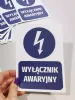 Naklejka Wyłącznik awaryjny N230 - Wzór graficzny. Okrągły symbol błyskawicy w niebieskim tle z napisem