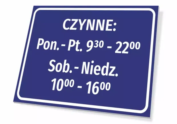 Tabliczka Czynne - godziny otwarcia - Wzór graficzny. Prostokątna tabliczka z niebieskim tłem i białym tekstem