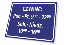 Tabliczka Czynne - godziny otwarcia - Wzór graficzny. Prostokątna tabliczka z niebieskim tłem i białym tekstem