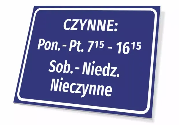Tabliczka Czynne - godziny otwarcia - Wzór graficzny. Prostokątna tabliczka z niebieskim tłem i białym tekstem