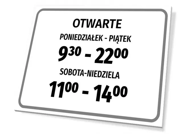 Tabliczka Otwarte - godziny pracy - Wzór graficzny. Prostokątna tabliczka z czarnym tekstem na białym tle
