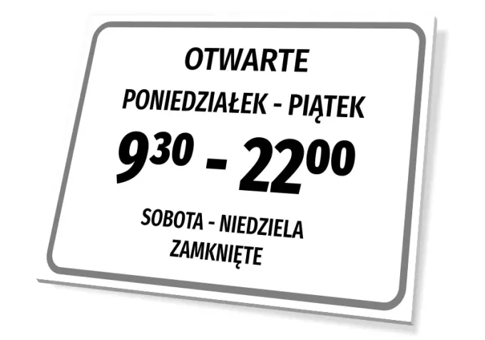 Tabliczka Otwarte - godziny pracy - Wzór graficzny. Prostokątna tabliczka z dużymi literami, czarny tekst na białym tle