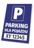 Tabliczka Parking dla pojazdu, z polem na nr rejestracyjny - Wzór graficzny. Prosty kształt, niebieskie tło, duża litera P