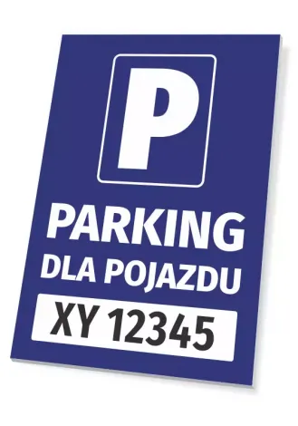 Tabliczka Parking dla pojazdu, z polem na nr rejestracyjny - Wzór graficzny. Prosty kształt, niebieskie tło, duża litera P
