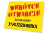 Tabliczka Wkrótce otwarcie - zapraszamy, wraz z datą - Wzór graficzny. Żółte tło z czerwonymi literami i czarną datą