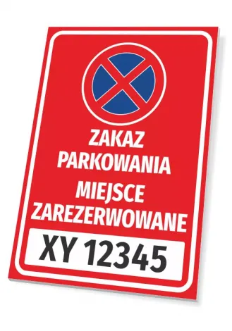 Tabliczka Zakaz parkowania, miejsce zarezerwowane, z polem na nr rejestracyjny pojazdu - Wzór graficzny. Czerwone tło