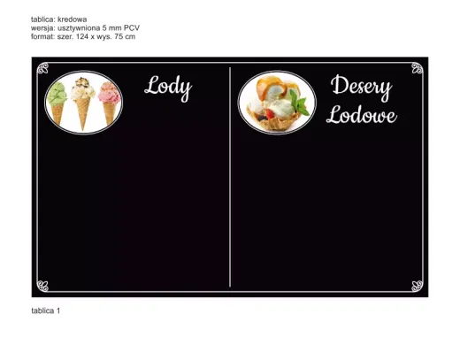 Tablica kredowa z nadrukiem menu na lody i desery lodowe, przedstawiona jako wizualizacja na białym tle
