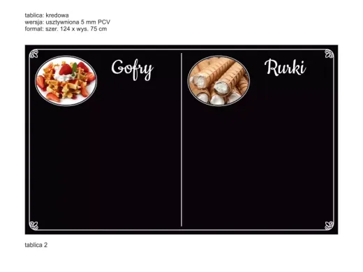 Tablica kredowa z nadrukiem menu na gofry i rurki, przedstawiona jako wizualizacja na białym tle