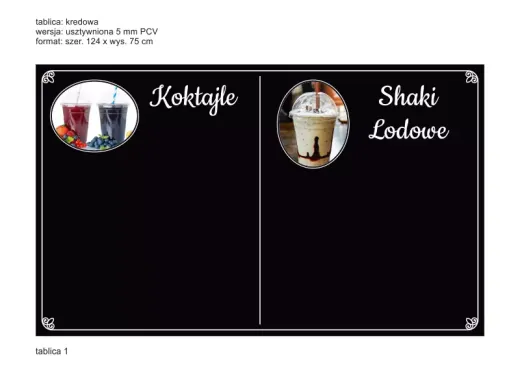 Tablica kredowa z nadrukiem menu na koktajle i shaki lodowe, przedstawiona jako wizualizacja na białym tle