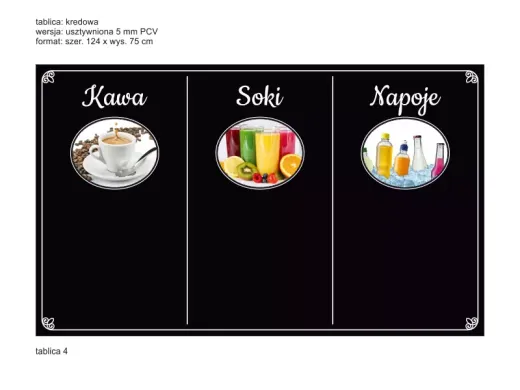 Tablica kredowa z nadrukiem menu podzielonym na sekcje Kawa, Soki i Napoje, przedstawiona na białym tle