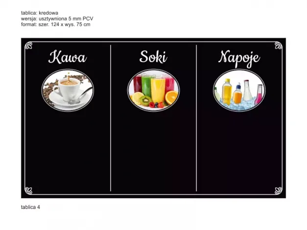 Indywidualna tablica kredowa z nadrukiem na podkładzie PCV 5 mm w wymiarze 124x75 cm - Wzór graficzny. Trzy okrągłe ramki