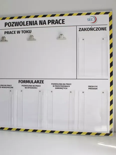Tablica BHP Pozwolenia na prace z kieszeniami i klipsami w ujęciu pokazującym cały produkt
