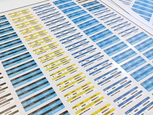 Komplet naklejek z kolorowym nadrukiem tabel i oznaczeń, wydrukowany na arkuszu folii samoprzylepnej