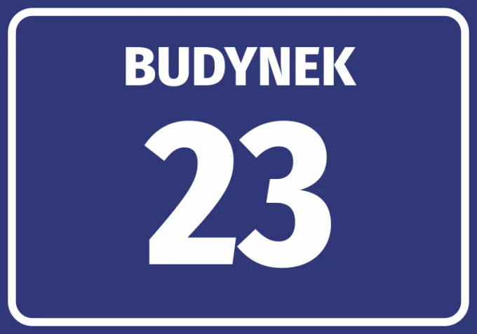 Naklejka Budynek z numerem, literą - Wzór graficzny. Prostokątna naklejka z niebieskim tłem, białym napisem BUDYNEK i dużą