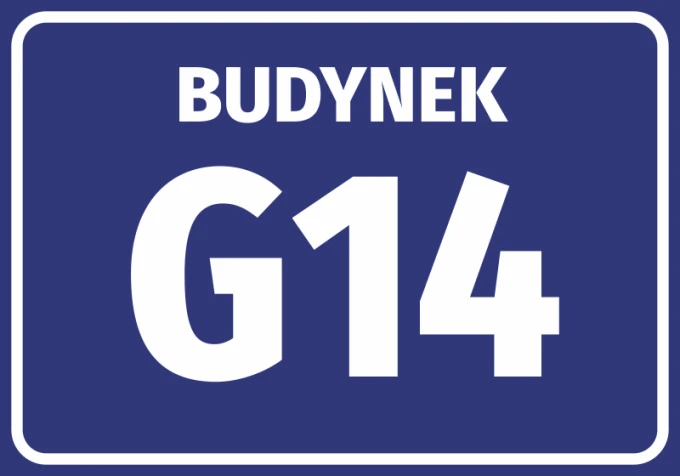 Naklejka Budynek z numerem, literą - Wzór graficzny. Niebieskie tło z białym napisem BUDYNEK i dużą literą G