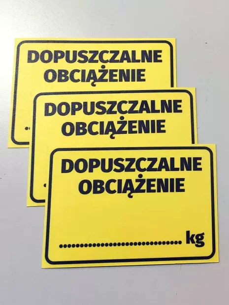 Naklejka Dopuszczalne obciążenie - Wzór graficzny. Żółte tło z czarnym tekstem i prostokątnymi krawędziami