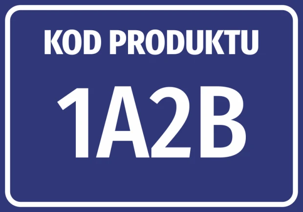Niebieska naklejka BHP z białym napisem KOD PRODUKTU oraz miejscem na własny numer i litery