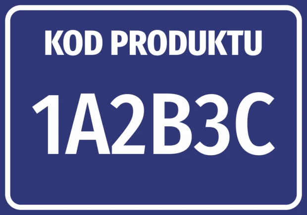 Niebieska naklejka BHP z napisem KOD PRODUKTU i miejscem na własne oznaczenie, przedstawiona na białym tle
