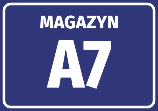 Niebieska naklejka informacyjna z białym napisem MAGAZYN oraz miejscem na oznaczenie literowo-cyfrowe