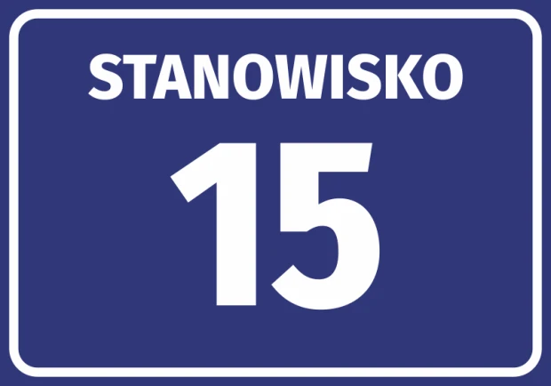 Niebieska naklejka BHP z napisem STANOWISKO i polem na numer, przedstawiona na białym tle jako wizualizacja wzoru