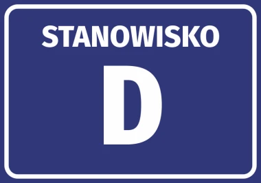 Naklejka Stanowisko wraz z numerem, literą - Wzór graficzny. Prosta, prostokątna forma z białym napisem na niebieskim tle