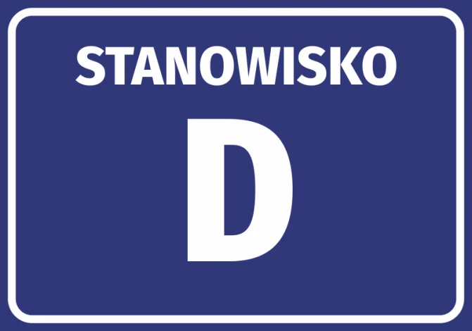 Naklejka Stanowisko wraz z numerem, literą - Wzór graficzny. Prosta, prostokątna forma z białym napisem na niebieskim tle