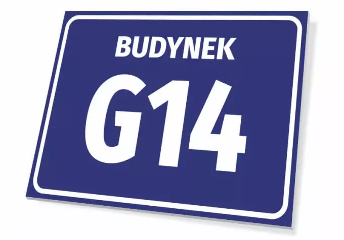 Tabliczka Budynek z numerem, literą - Wzór graficzny. Prostokątna tabliczka z niebieskim tłem, białym napisem BUDYNEK