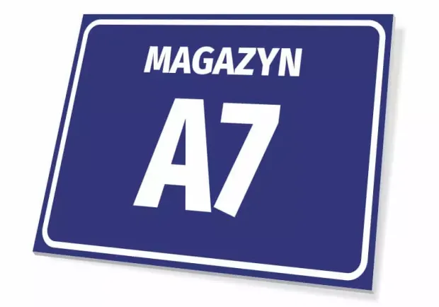 Tabliczka z napisem MAGAZYN oraz przykładowym polem na oznaczenie literowo-cyfrowe sektora
